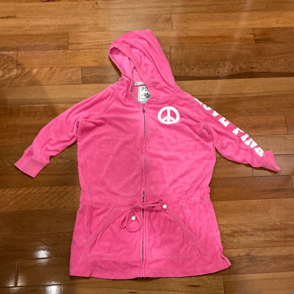 PINK Victoria's Secret Hot Pink Hooded Swim Coverup with Peace Sign